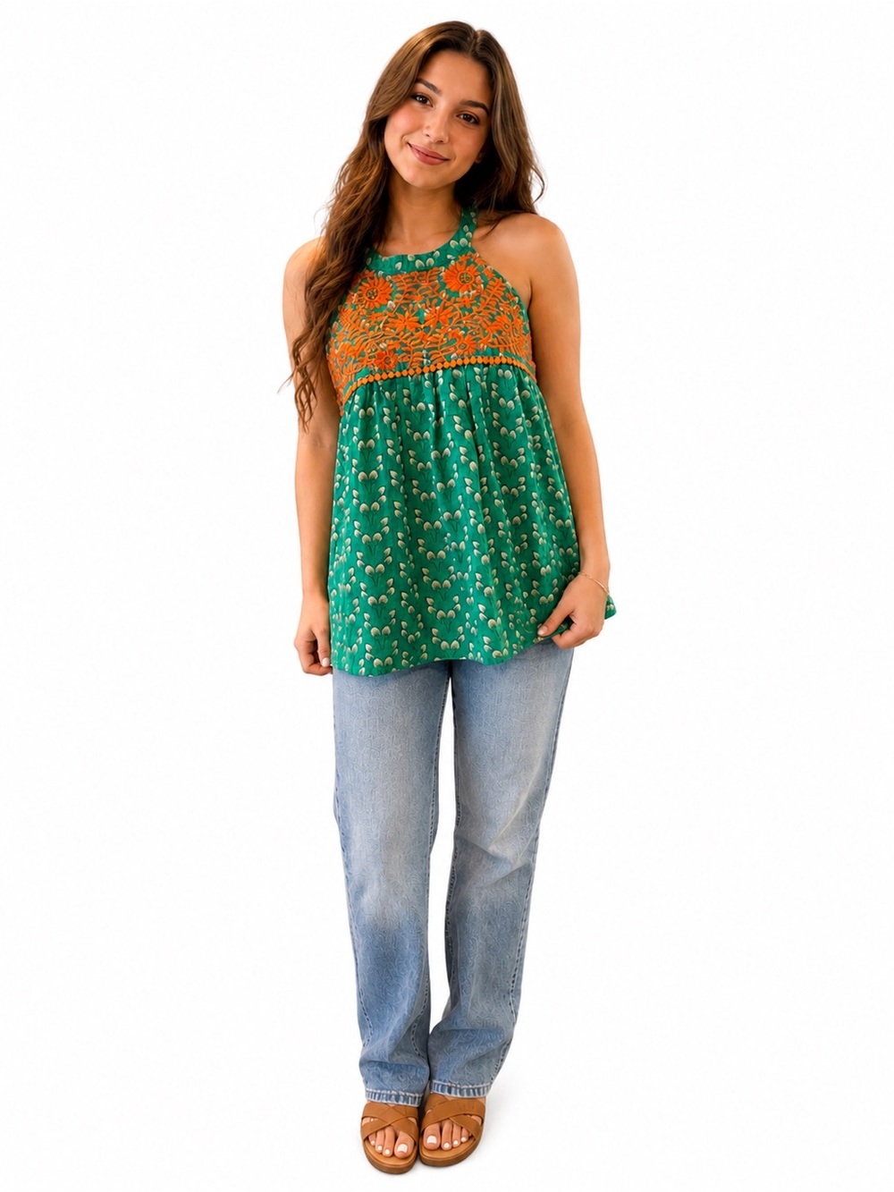 THML Green Floral Orange Embroidered Halter Tank Top Boho Size L